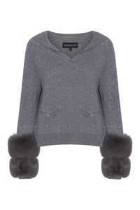 Relaxed Collar Sweater with Button Detail and Faux Cuffs in Pewter