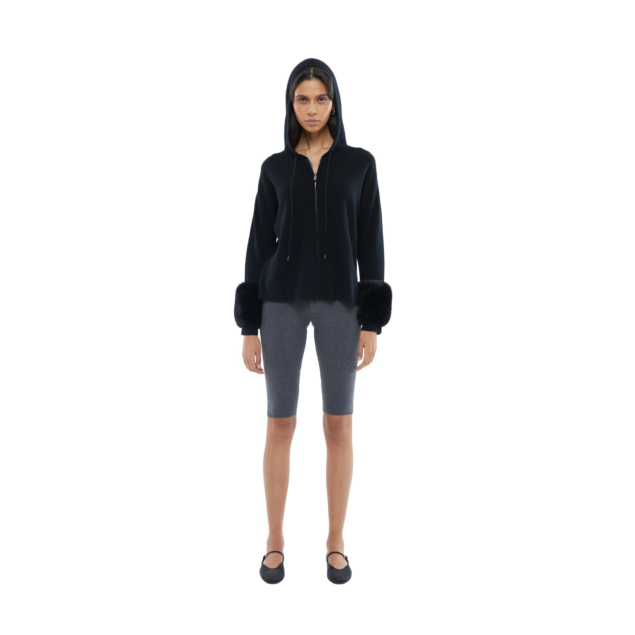 The Faux Cuff Hooded Zipper in Black