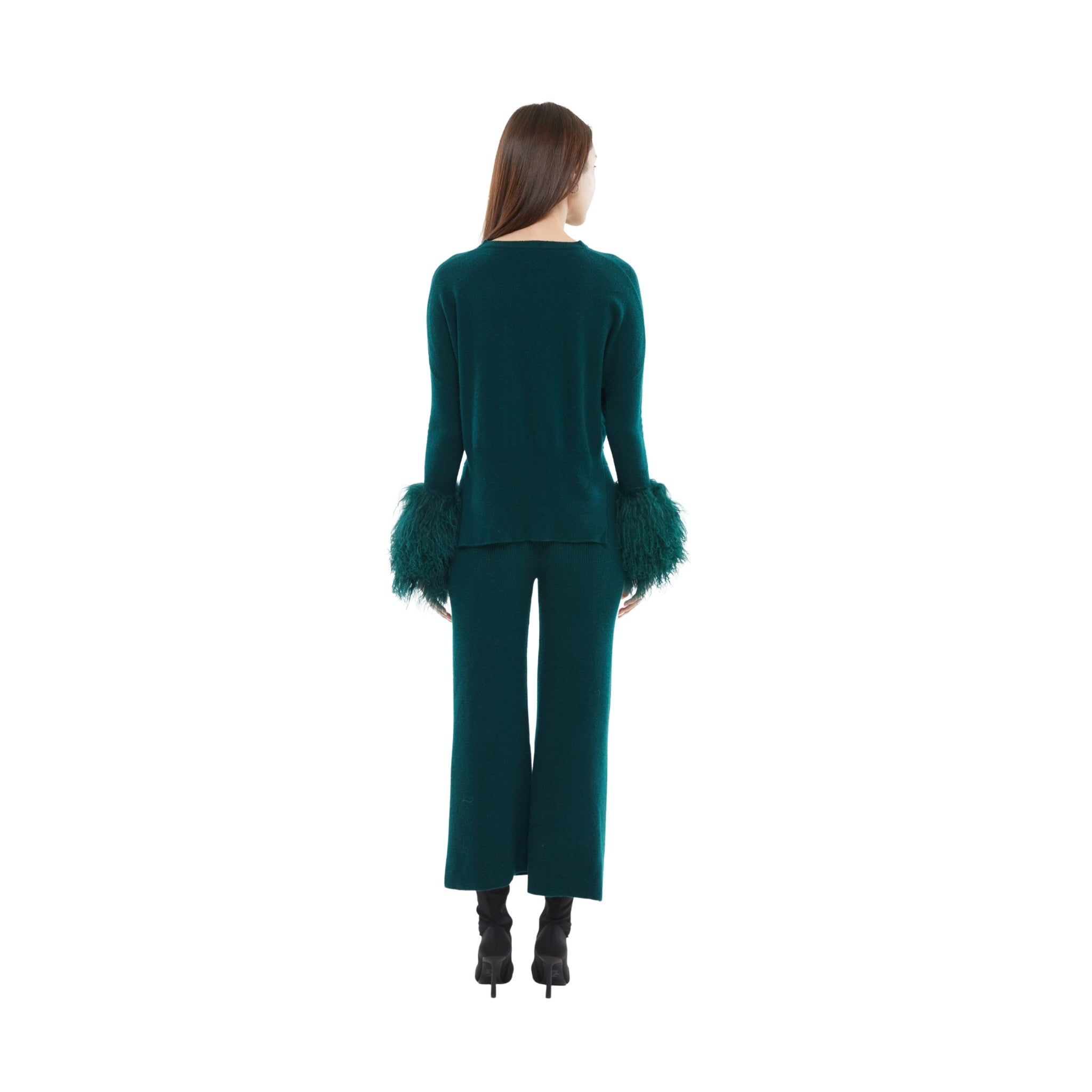 The Round Neck Sweater with Shearling Cuffs in Emerald