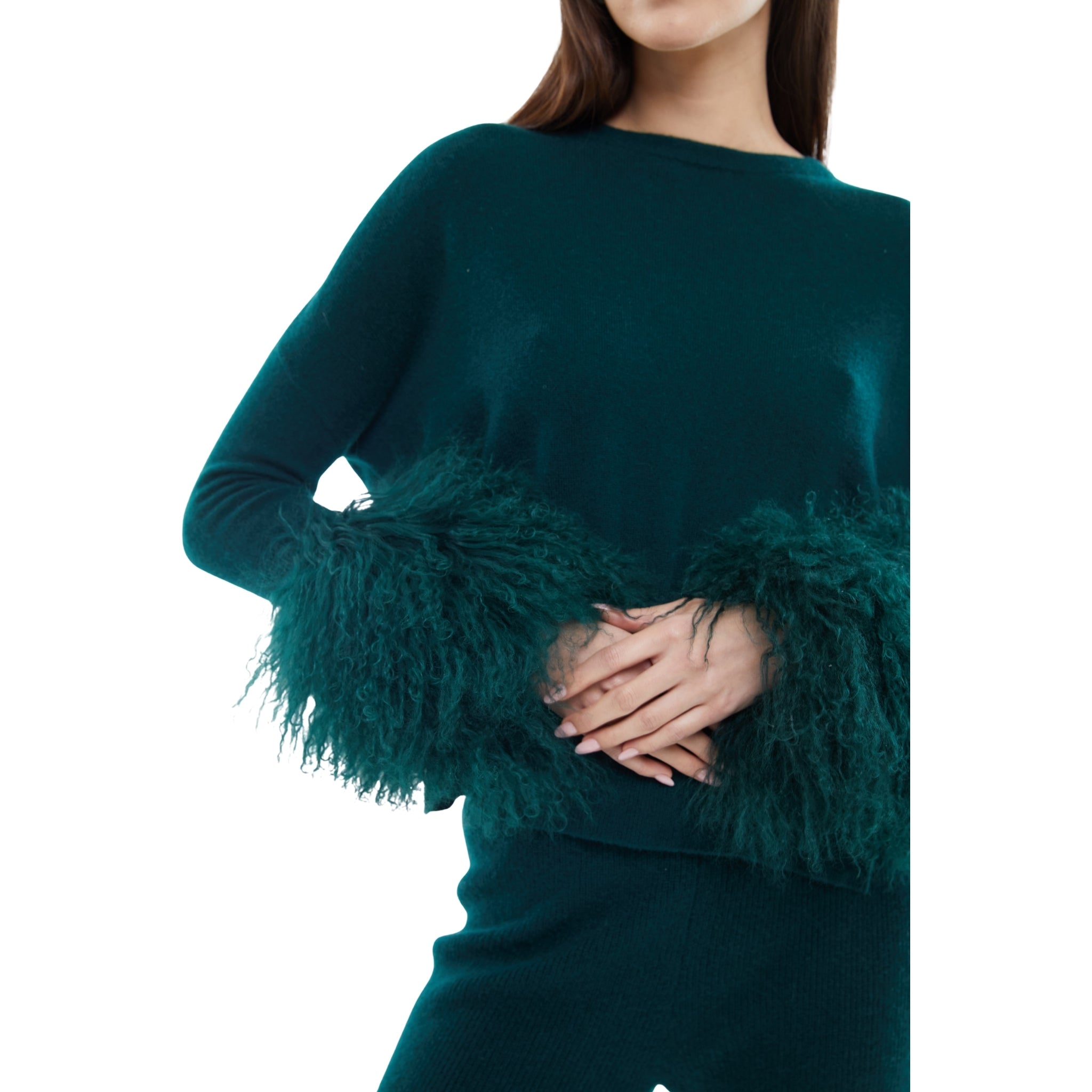 The Round Neck Sweater with Shearling Cuffs in Emerald