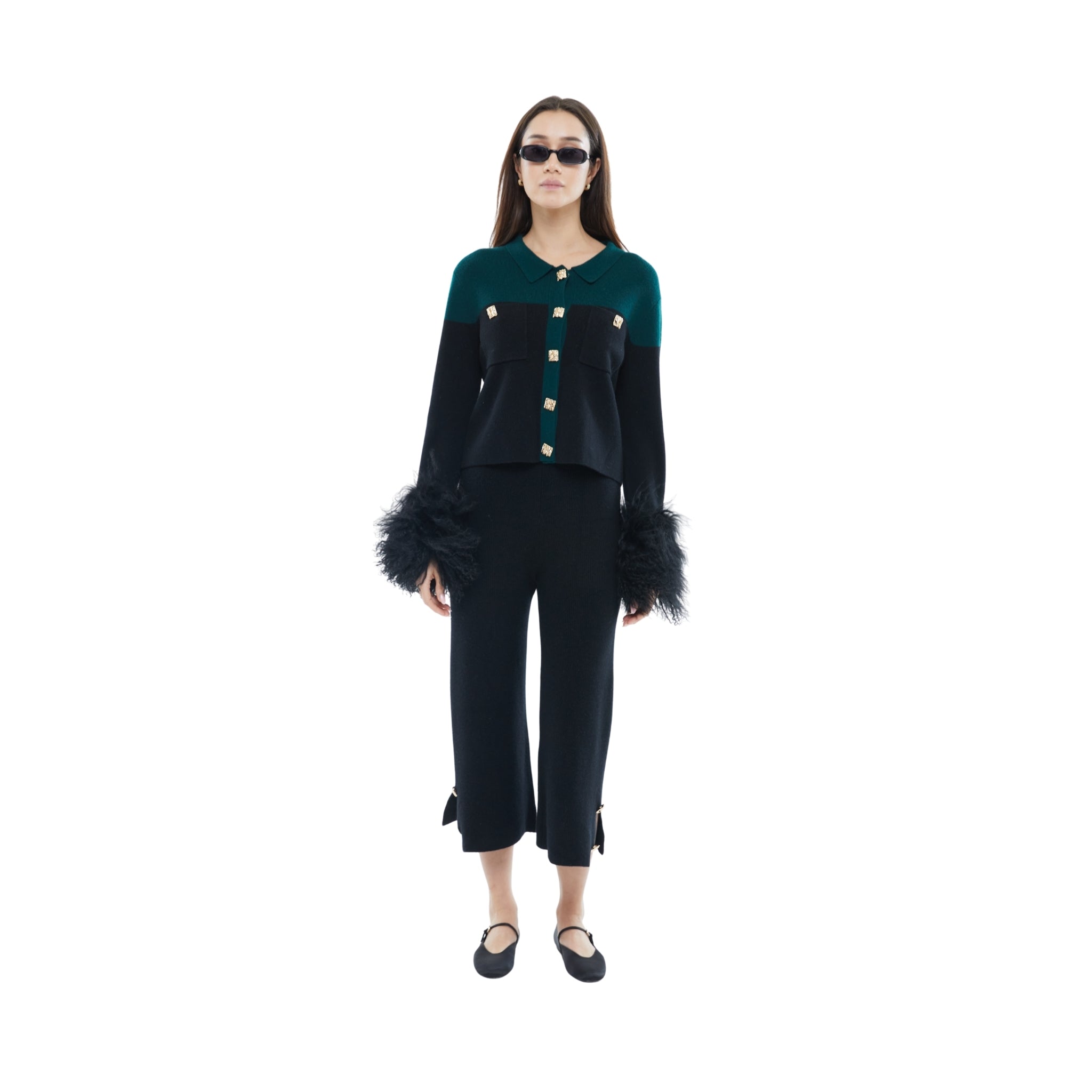 The Shirt with Shearling Cuff in Emerald and Black