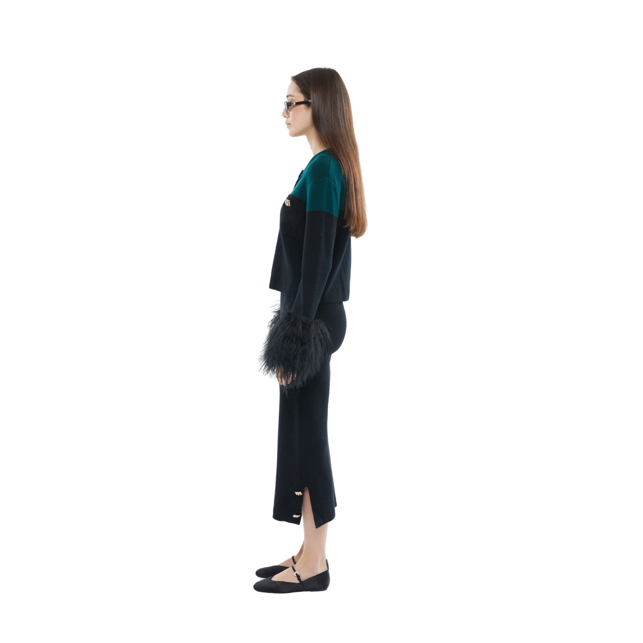 The Shirt with Shearling Cuff in Emerald and Black