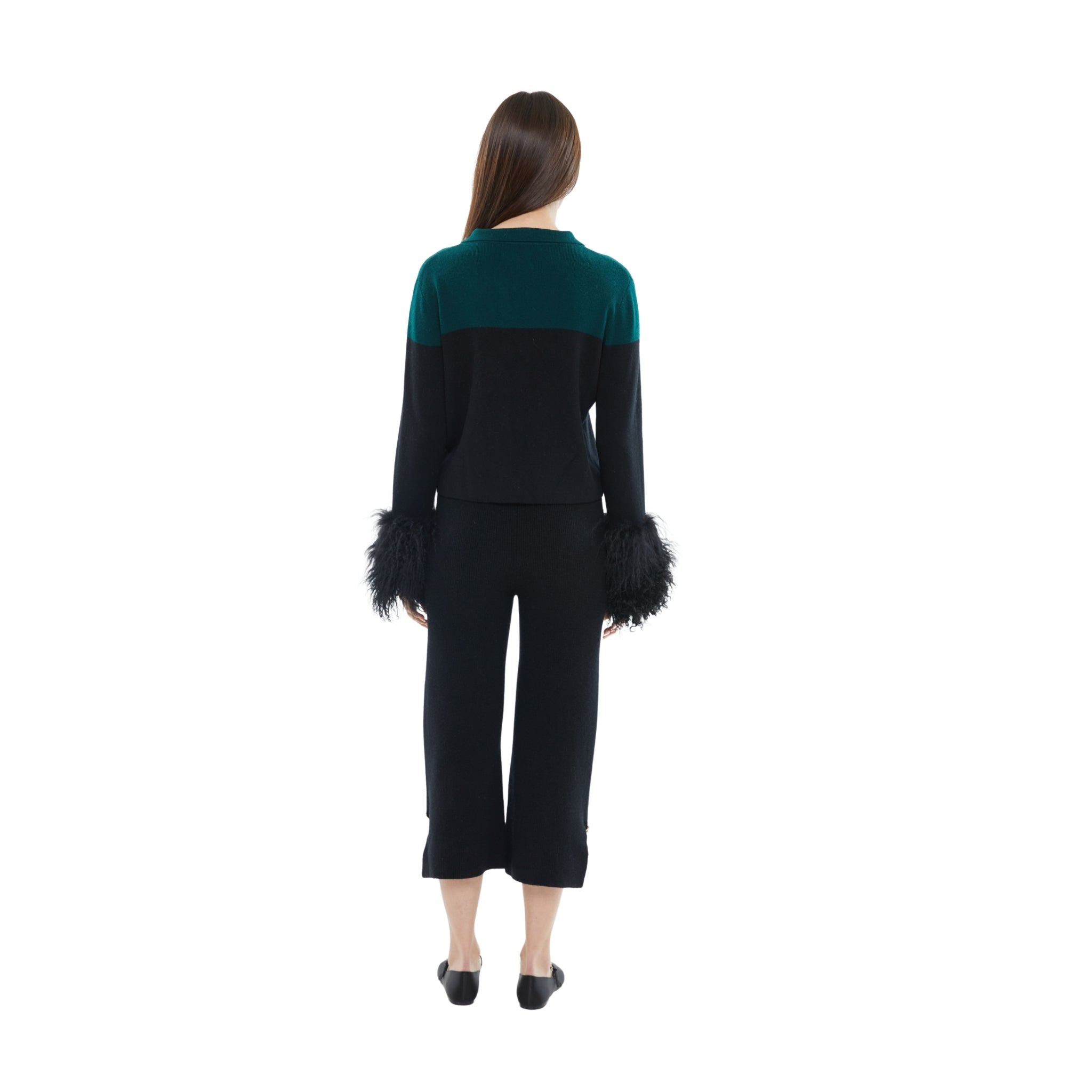 The Shirt with Shearling Cuff in Emerald and Black