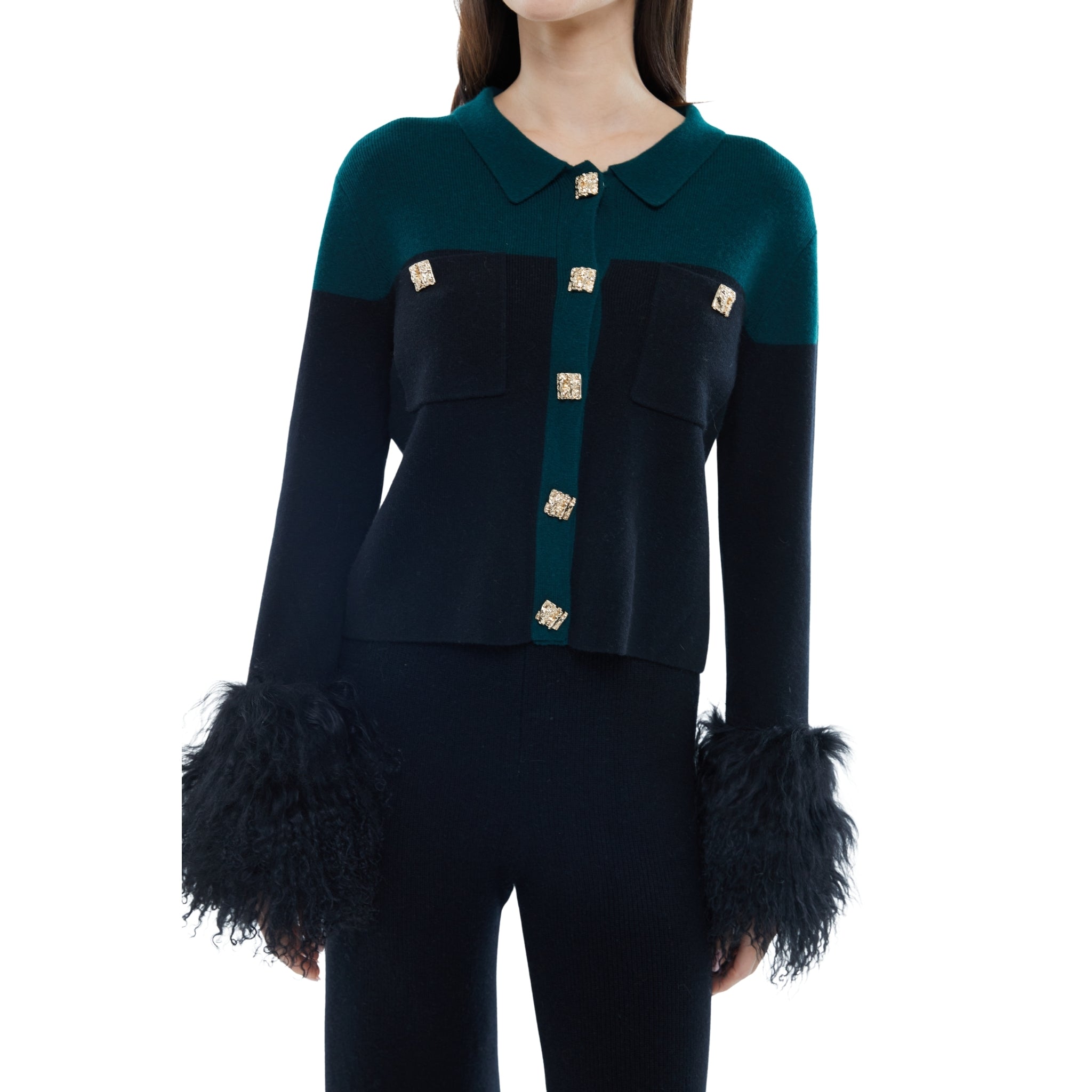 The Shirt with Shearling Cuff in Emerald and Black
