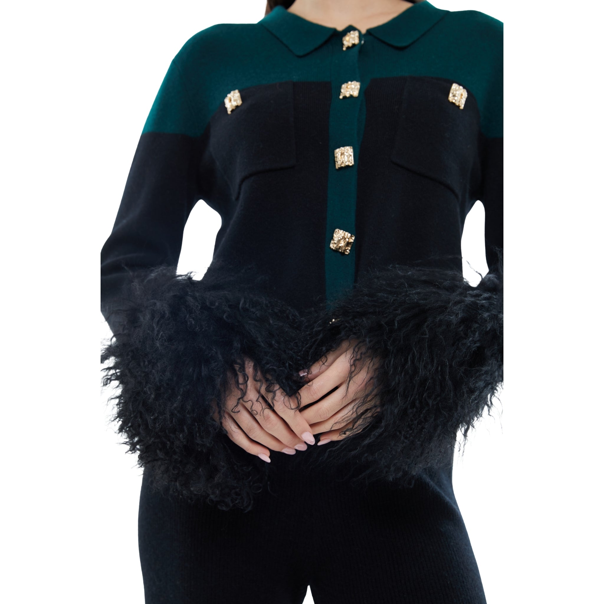 The Shirt with Shearling Cuff in Emerald and Black