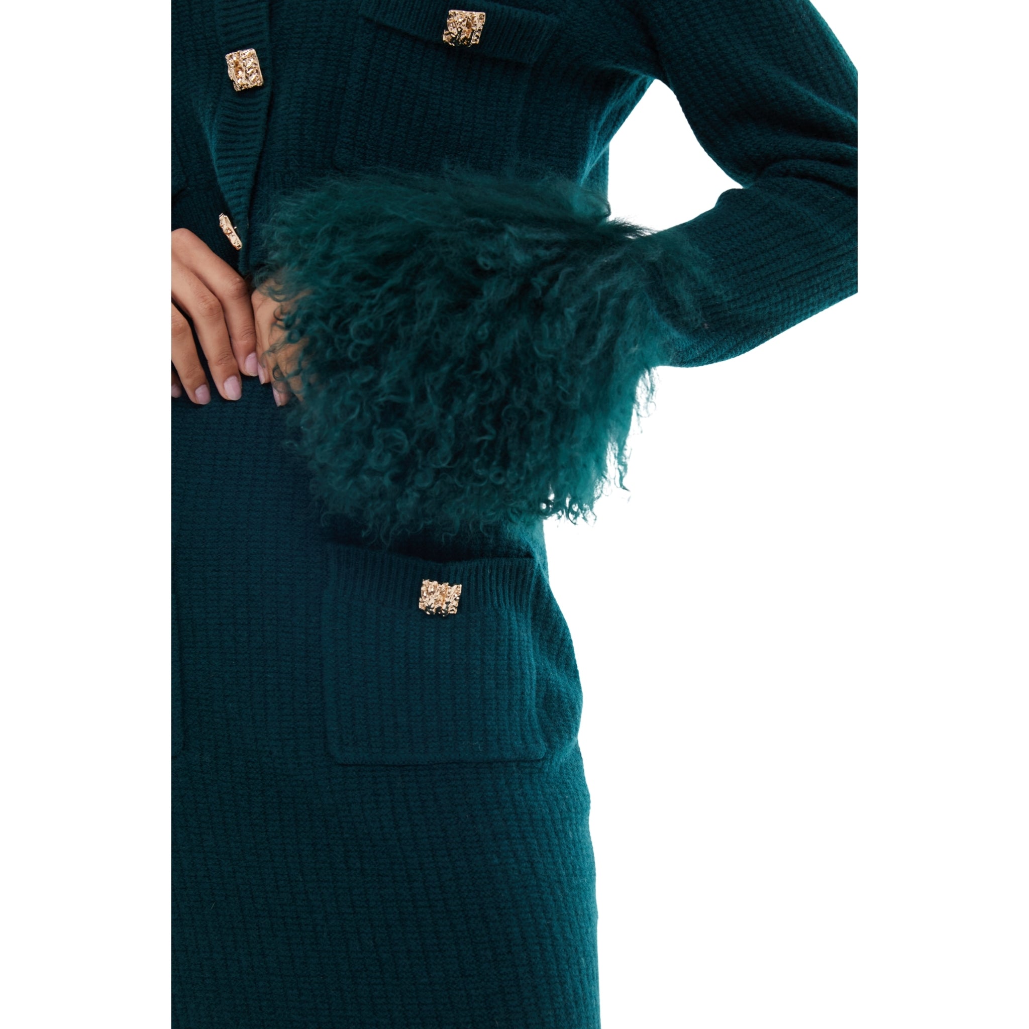 The Shearling Trim Midi Skirt in Emerald
