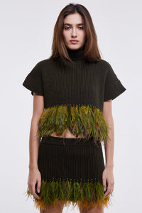 Feather Trim Mini Skirt in Olive