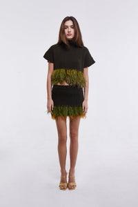 Feather Trim Mini Skirt in Olive