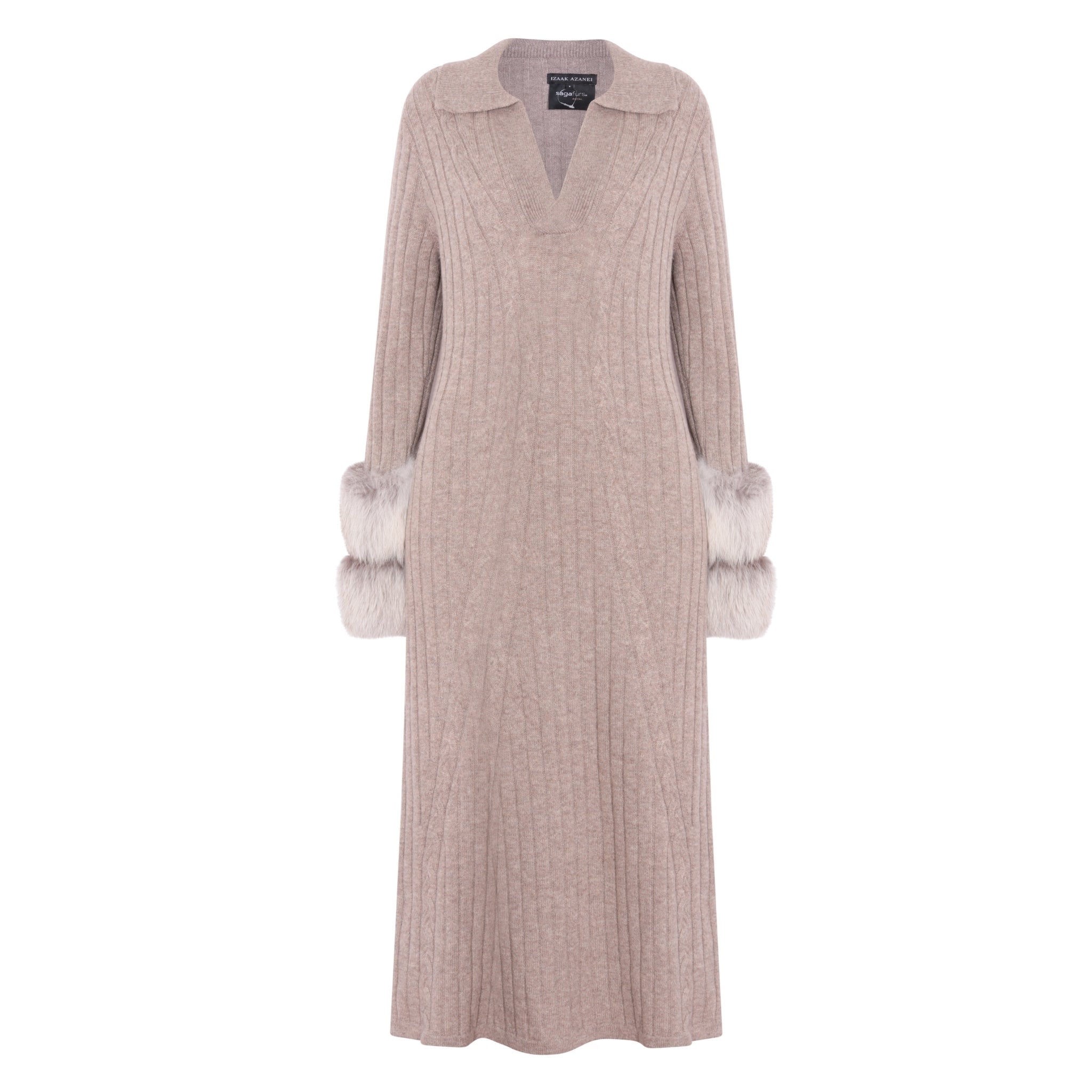 Long Cable Knit Dress with Cuffs in Rice Flower