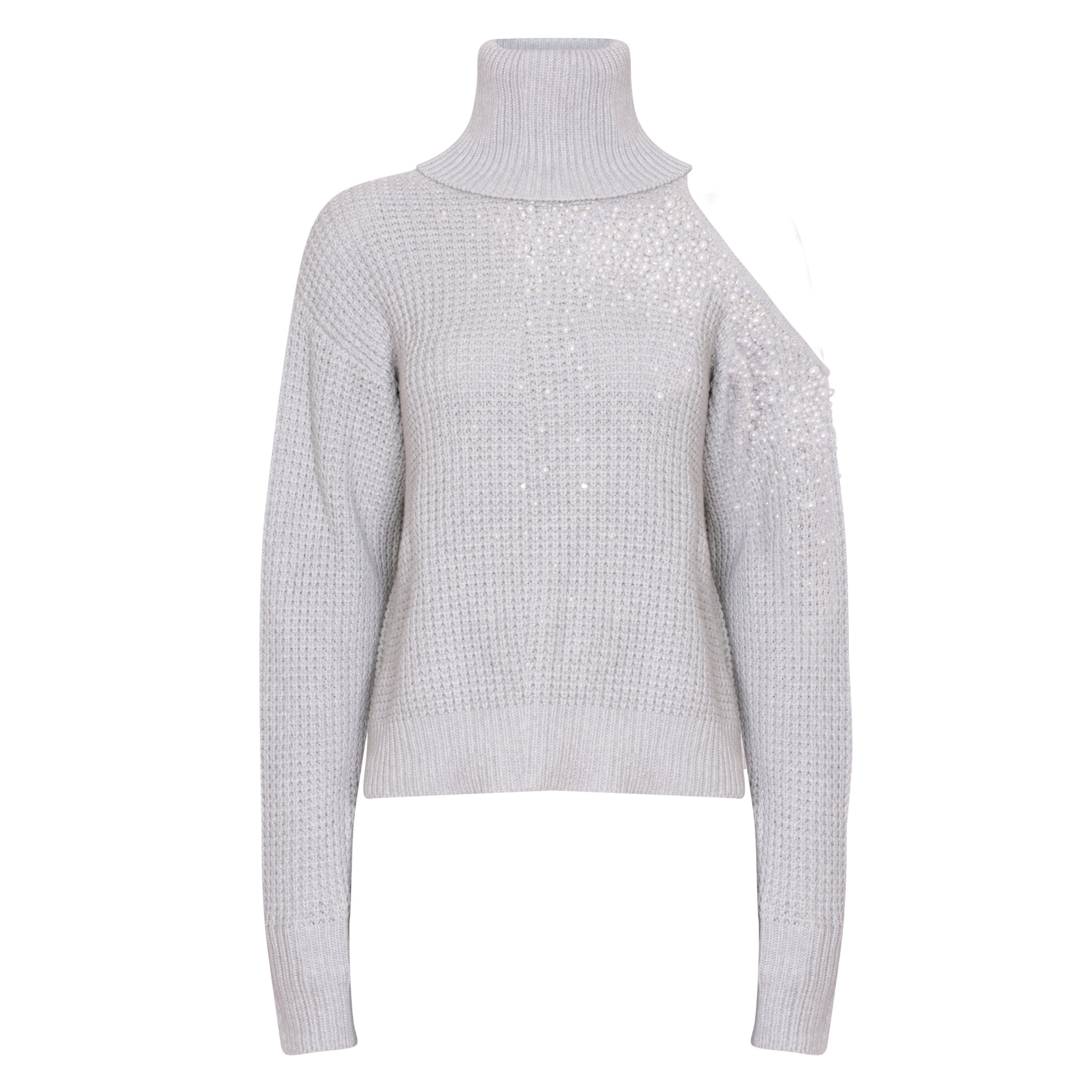 Embellished Cut Out Chunky Polo Neck Sweater in Ash