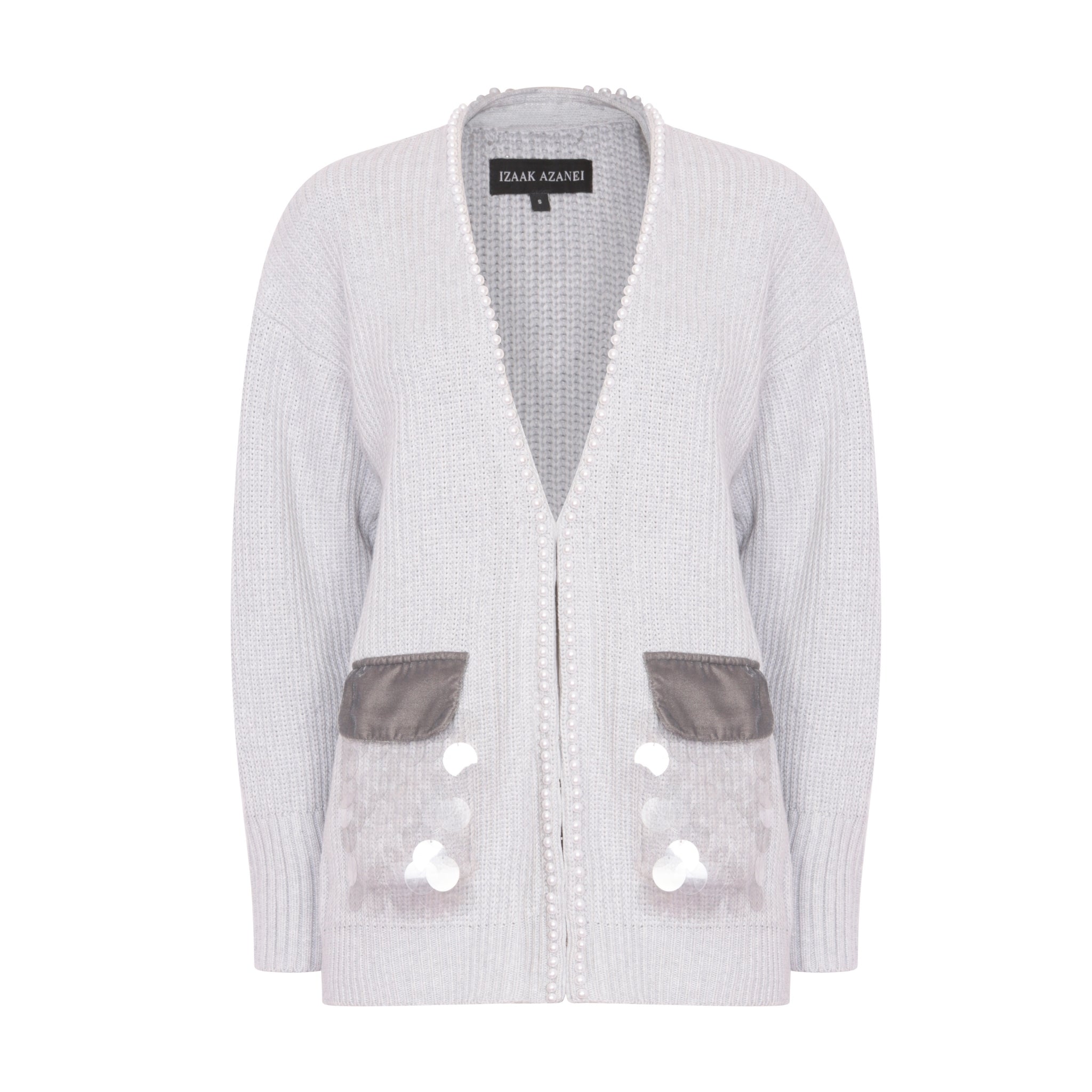 Oversized Cardigan with Embellished Pockets in Ash