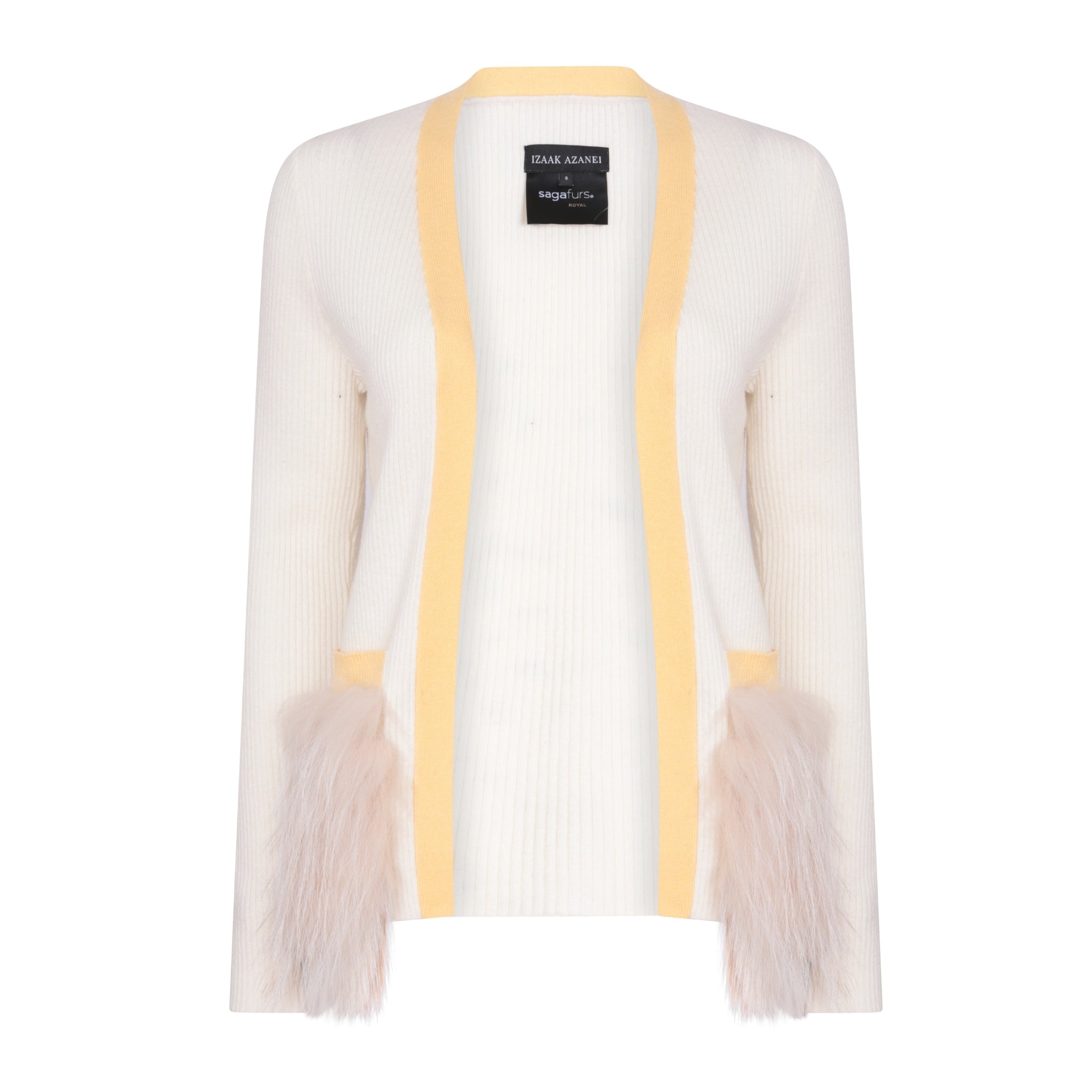 Cream & Yellow Colour Block Cardigan with Fox Fur Pockets
