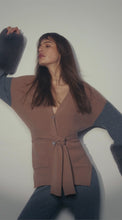 Load and play video in Gallery viewer, Embellished Colour Block Belted Cardigan in Pecan &amp; Pewter
