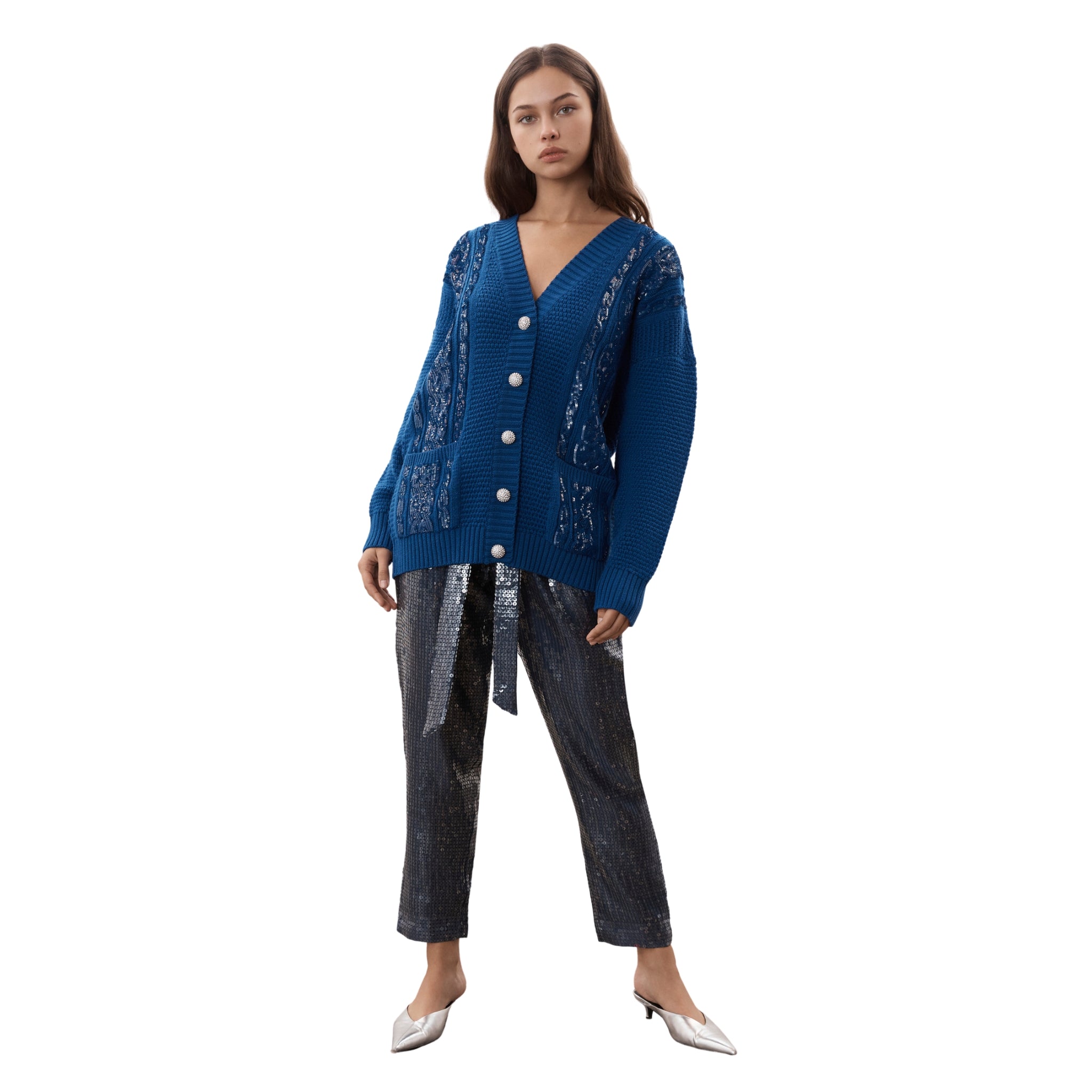 Blue Sequin Embellished Cable Cardigan