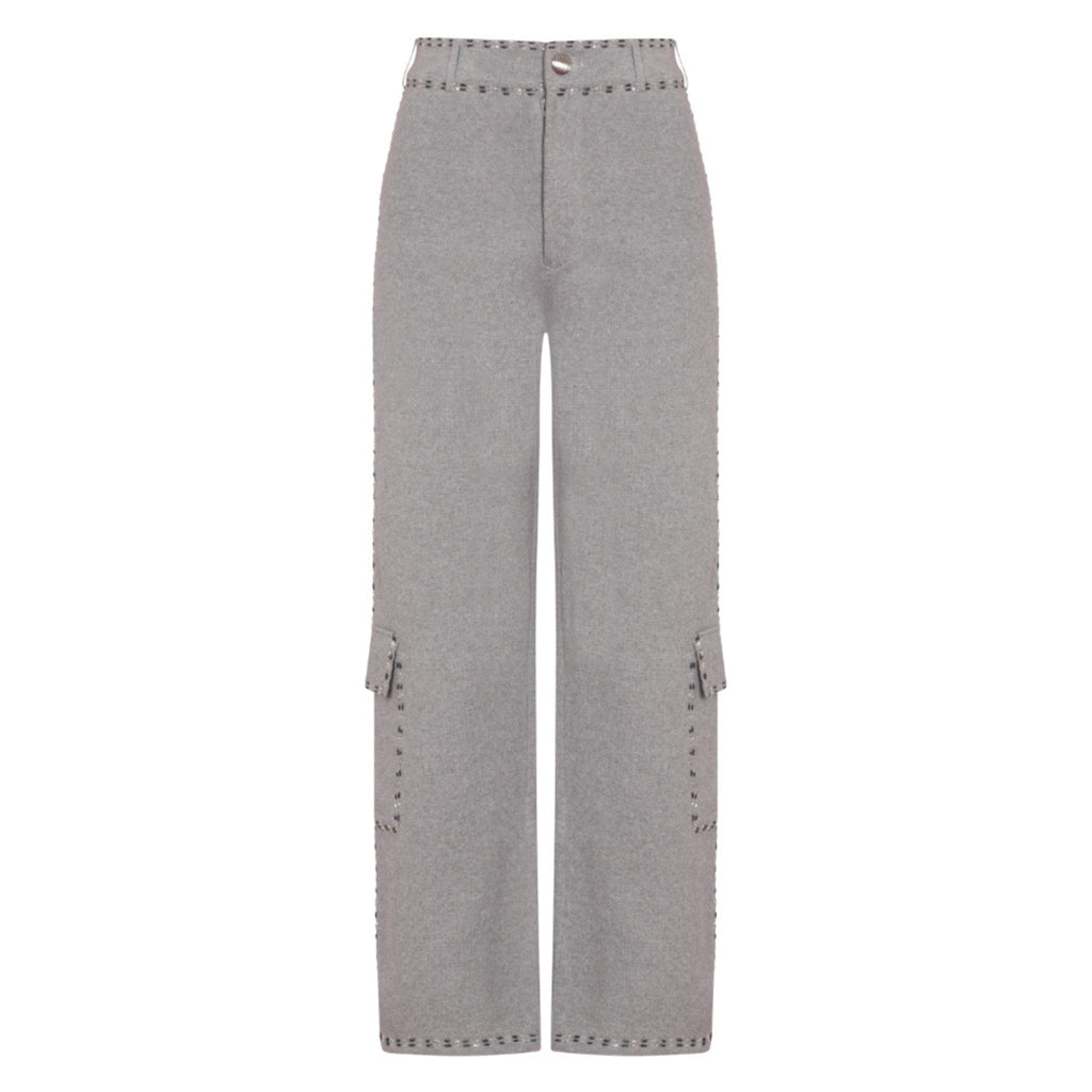 Embellished Wide Leg Pants in Stone