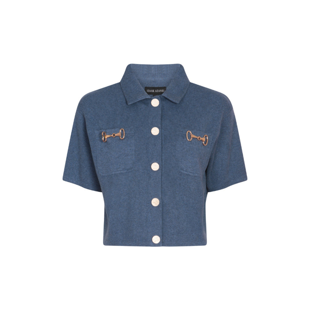 Short Sleeve Cardigan with Horsebit Detail in Denim Blue