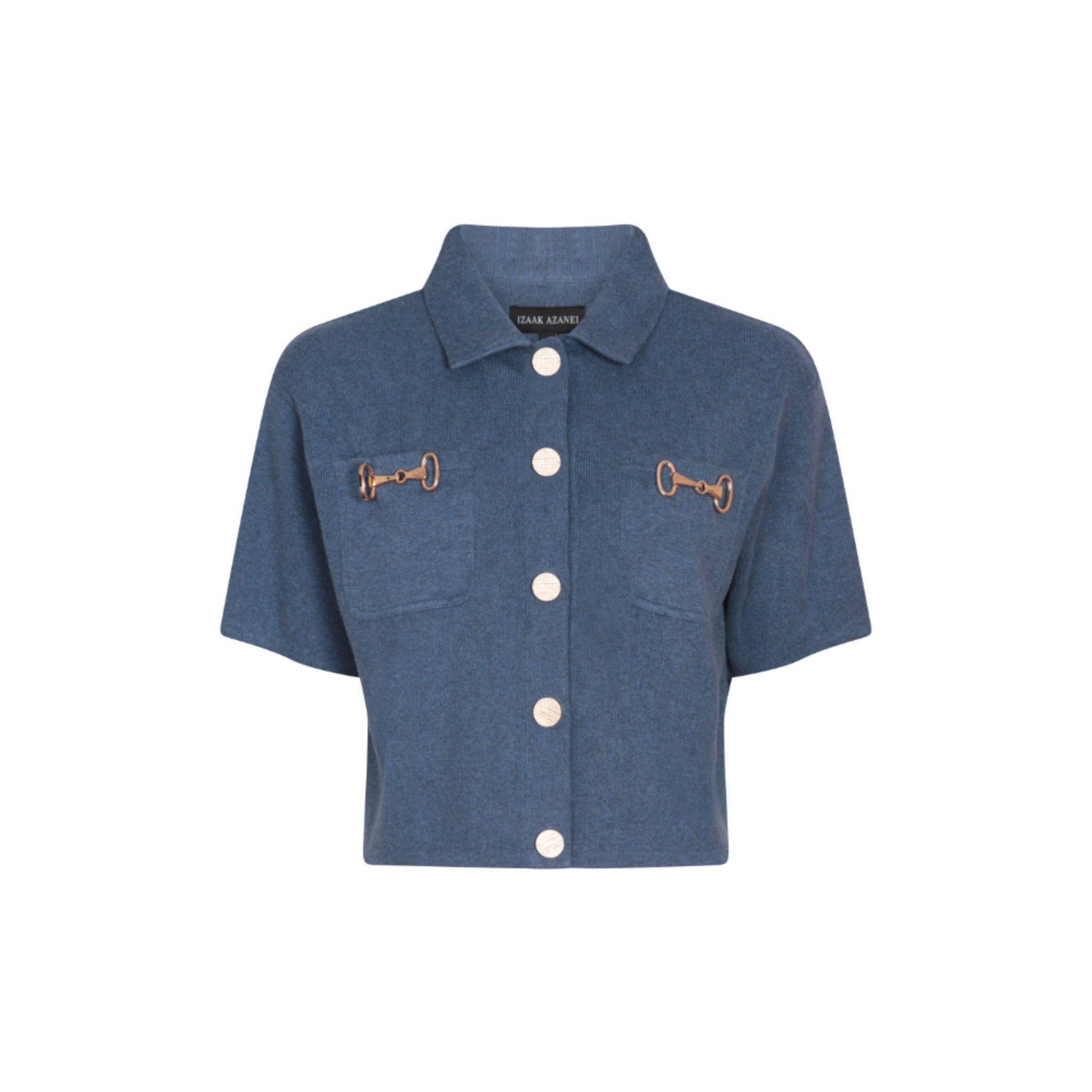 Short Sleeve Cardigan with Horsebit Detail in Denim Blue