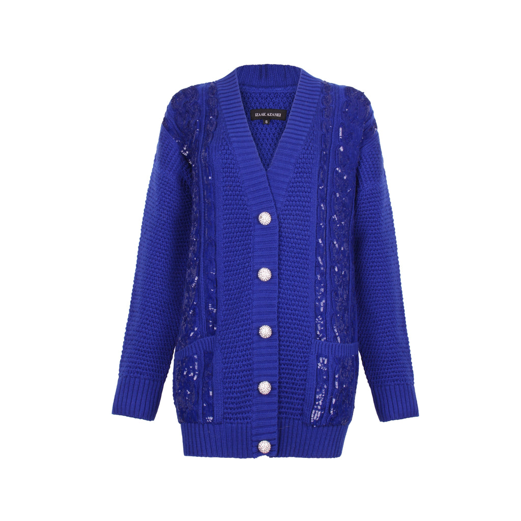 Blue Sequin Embellished Cable Cardigan