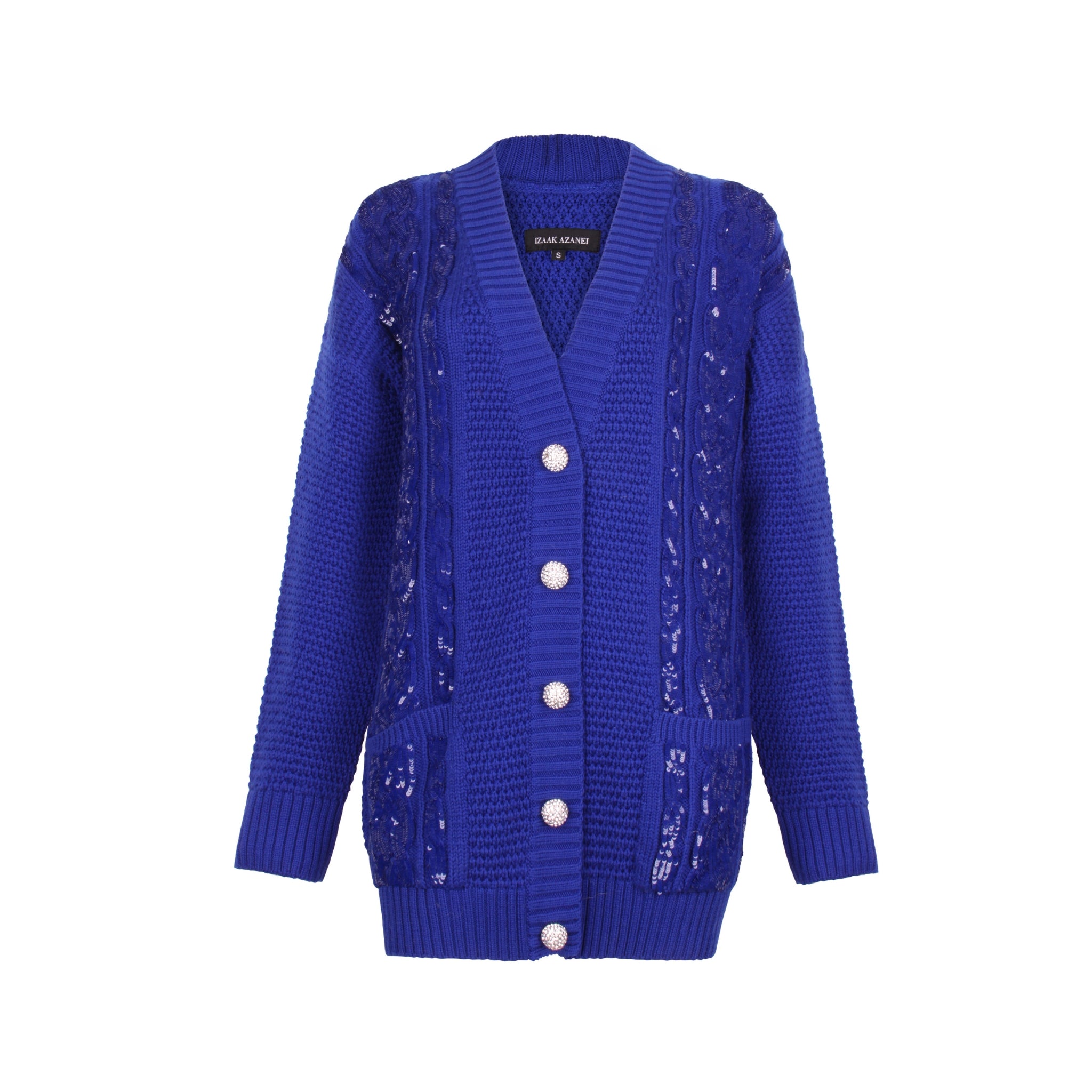 Blue Sequin Embellished Cable Cardigan