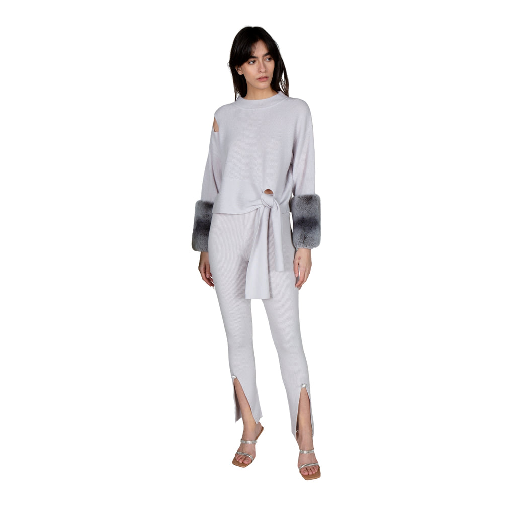 Grey Tie Detailed Chiinchilla Cuff Sweater