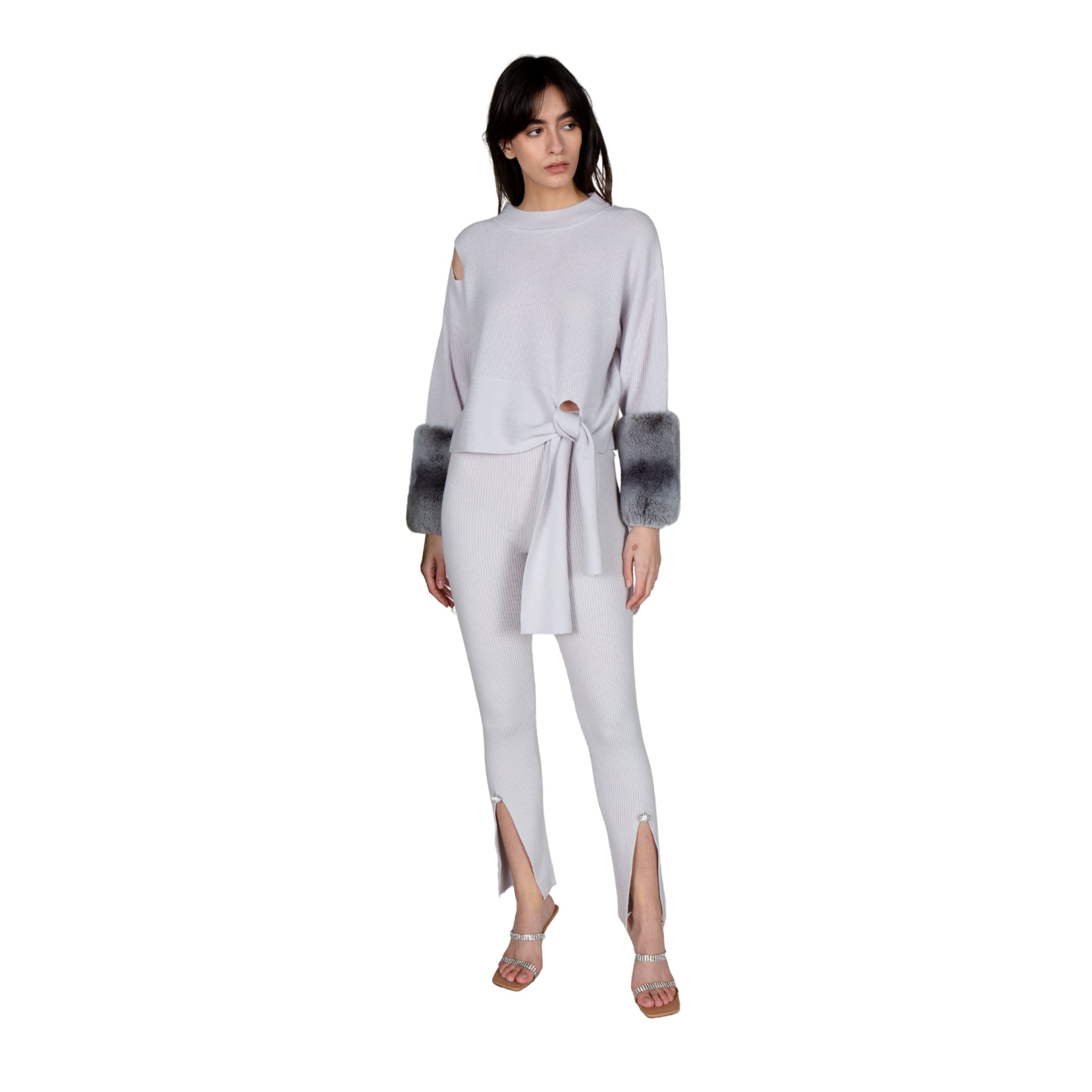 Grey Tie Detailed Chiinchilla Cuff Sweater