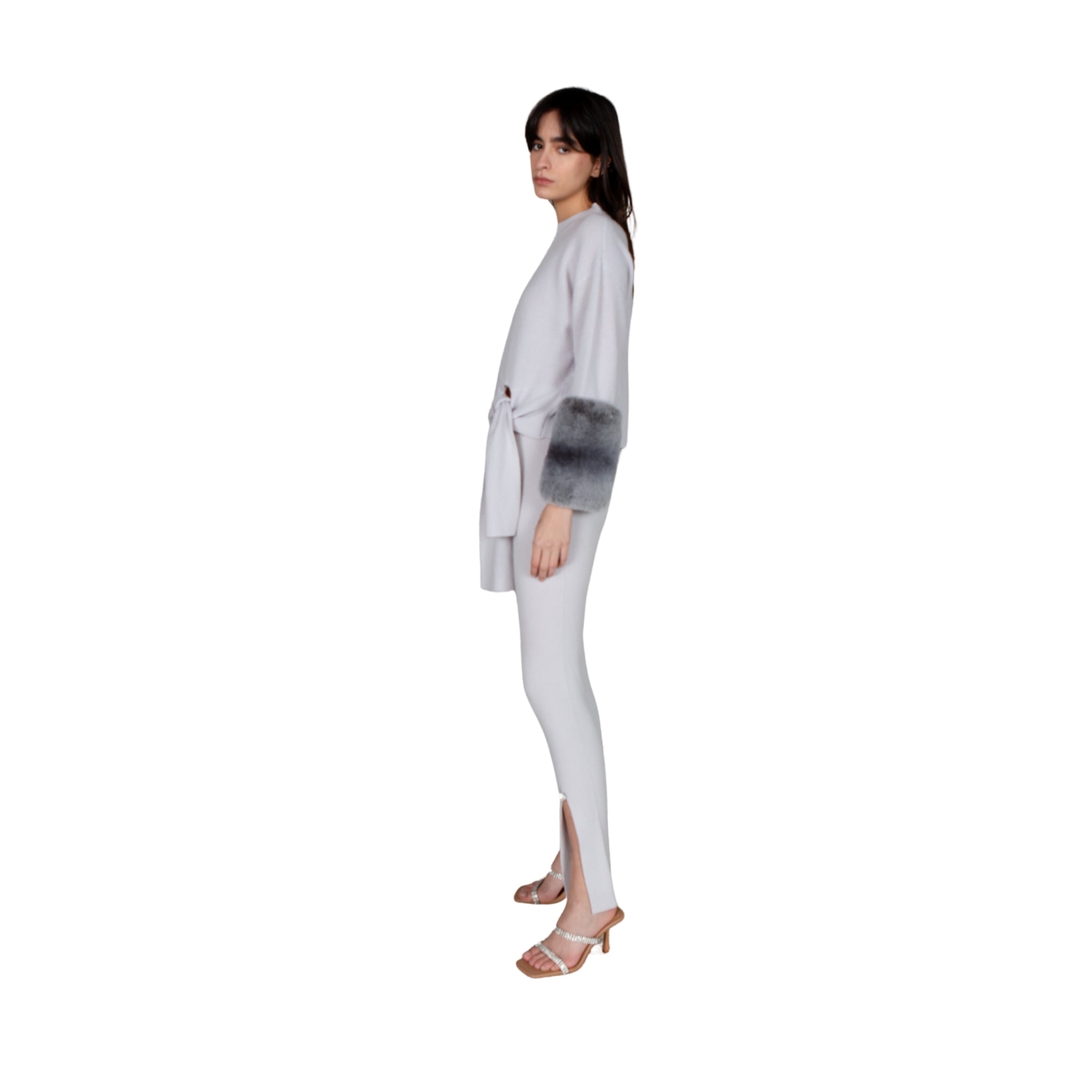 Grey Tie Detailed Chiinchilla Cuff Sweater