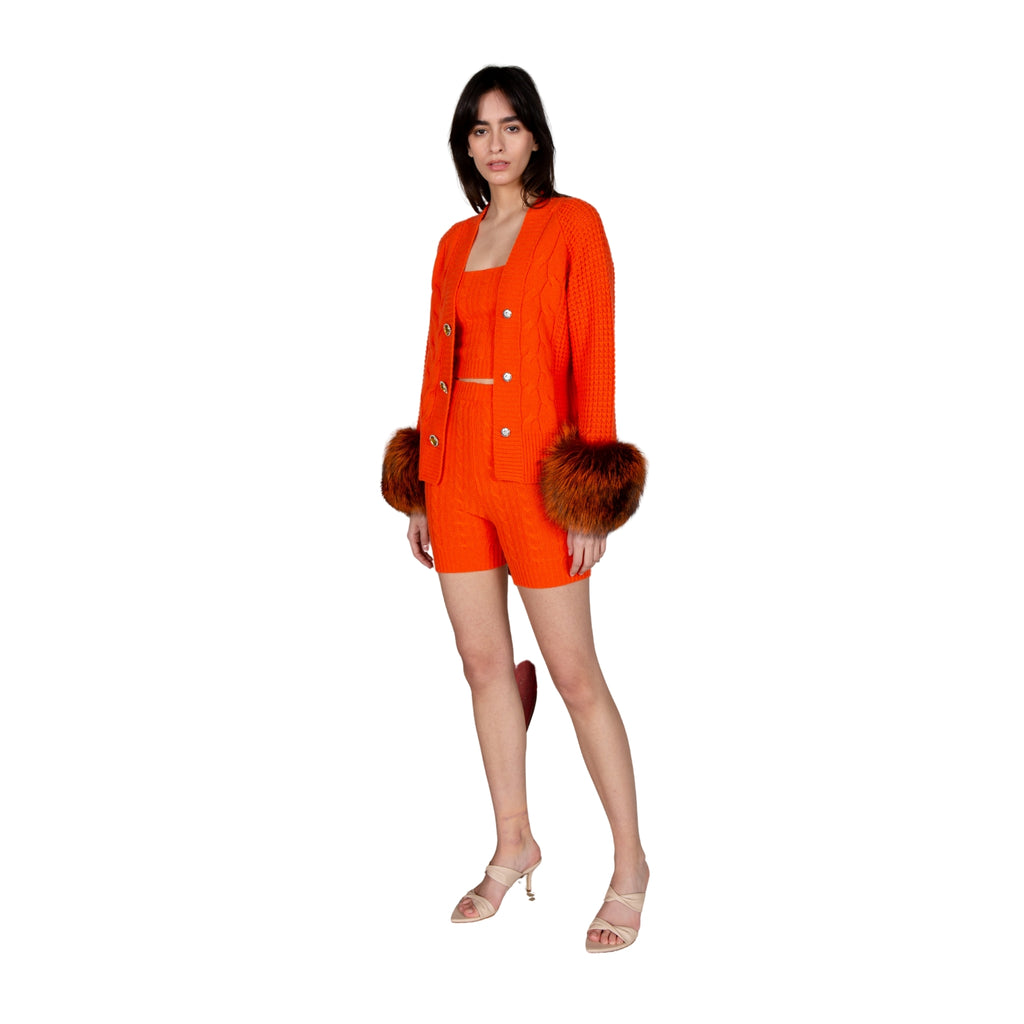 Orange Embellished Cable Cuff Cardigan