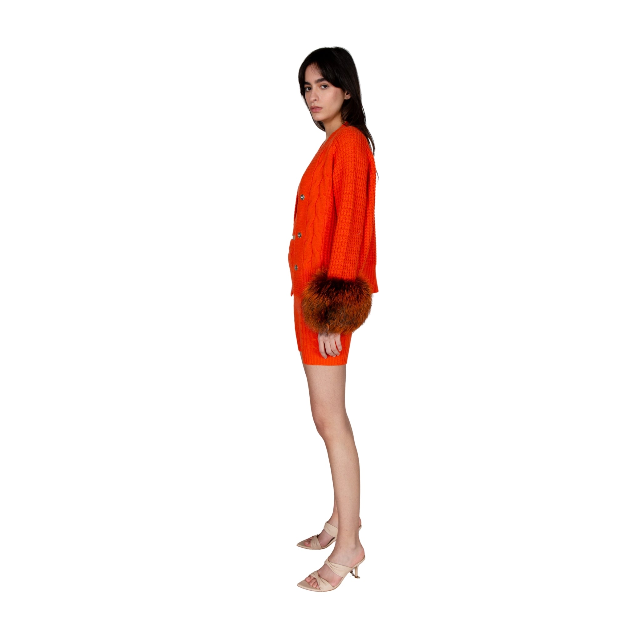 Orange Embellished Cable Cuff Cardigan