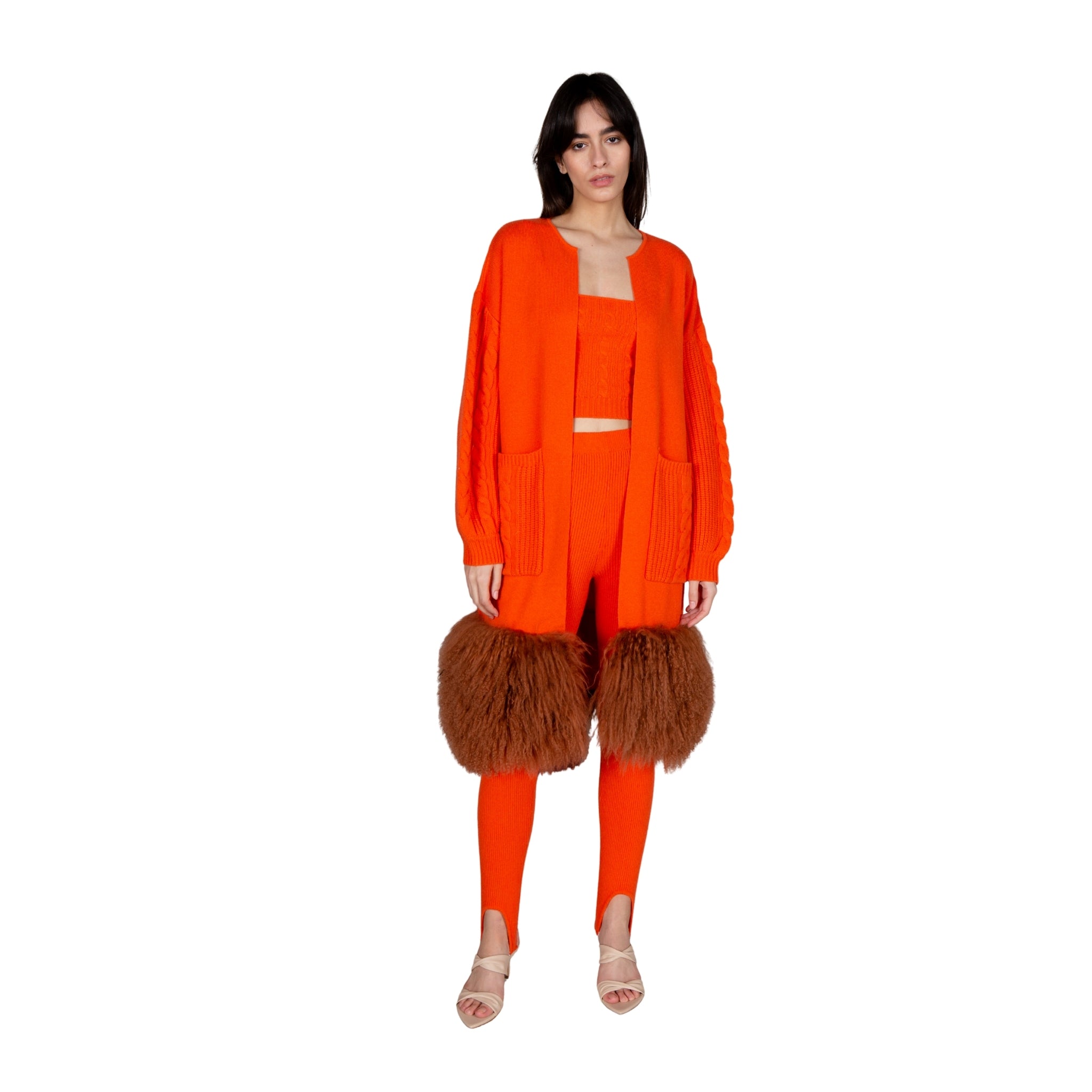 Orange Shearling Trim Coat