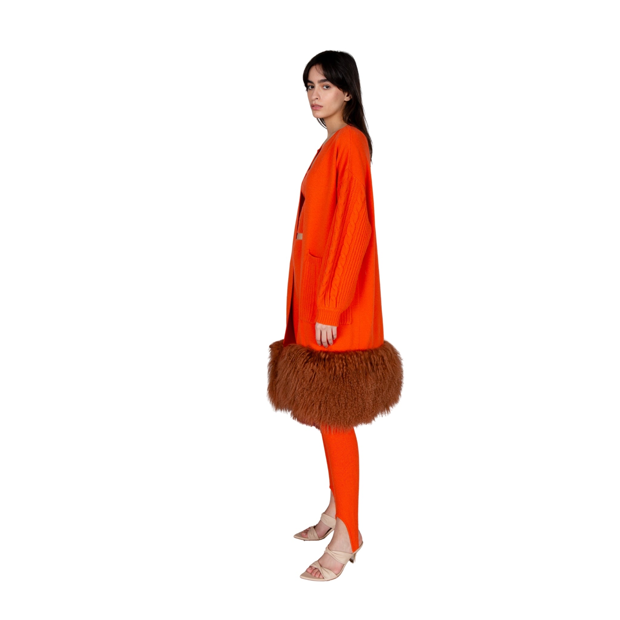 Orange Shearling Trim Coat