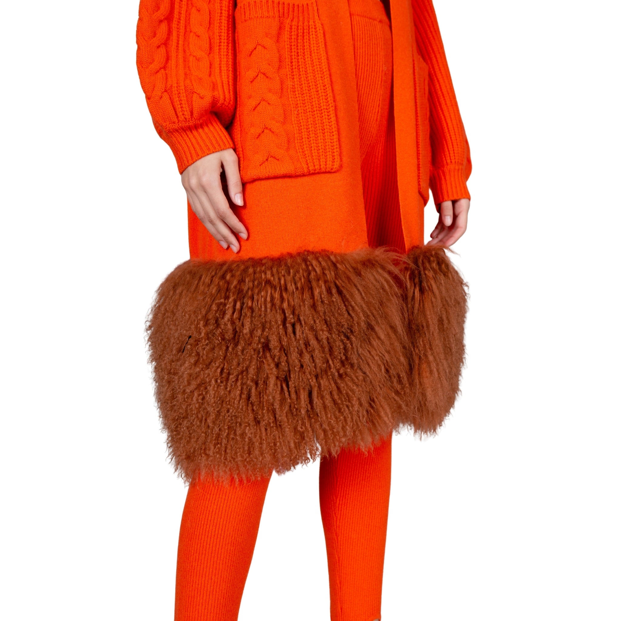 Orange Shearling Trim Coat