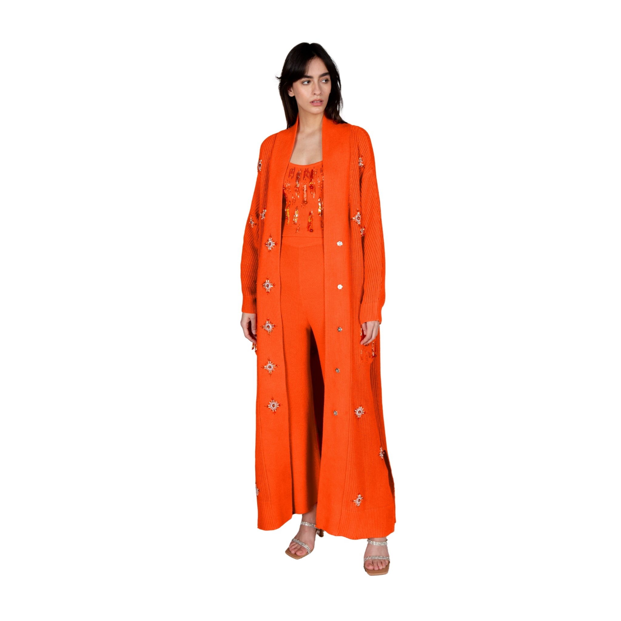 Orange Embellished Long Cardigan