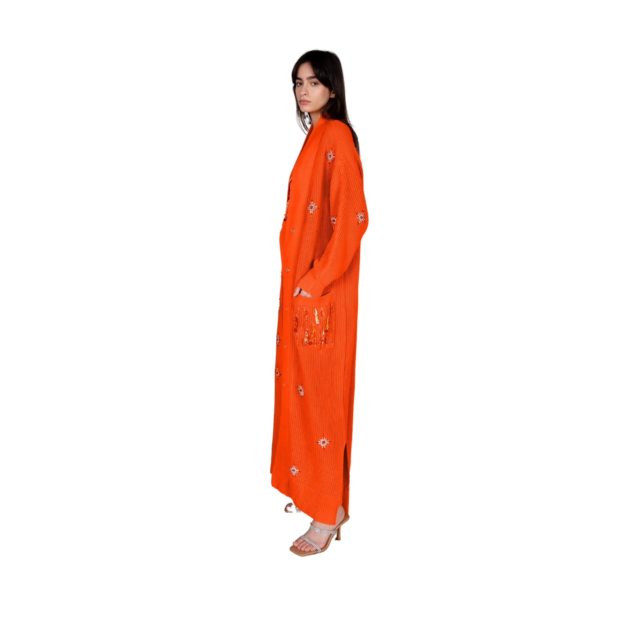 Orange Embellished Long Cardigan