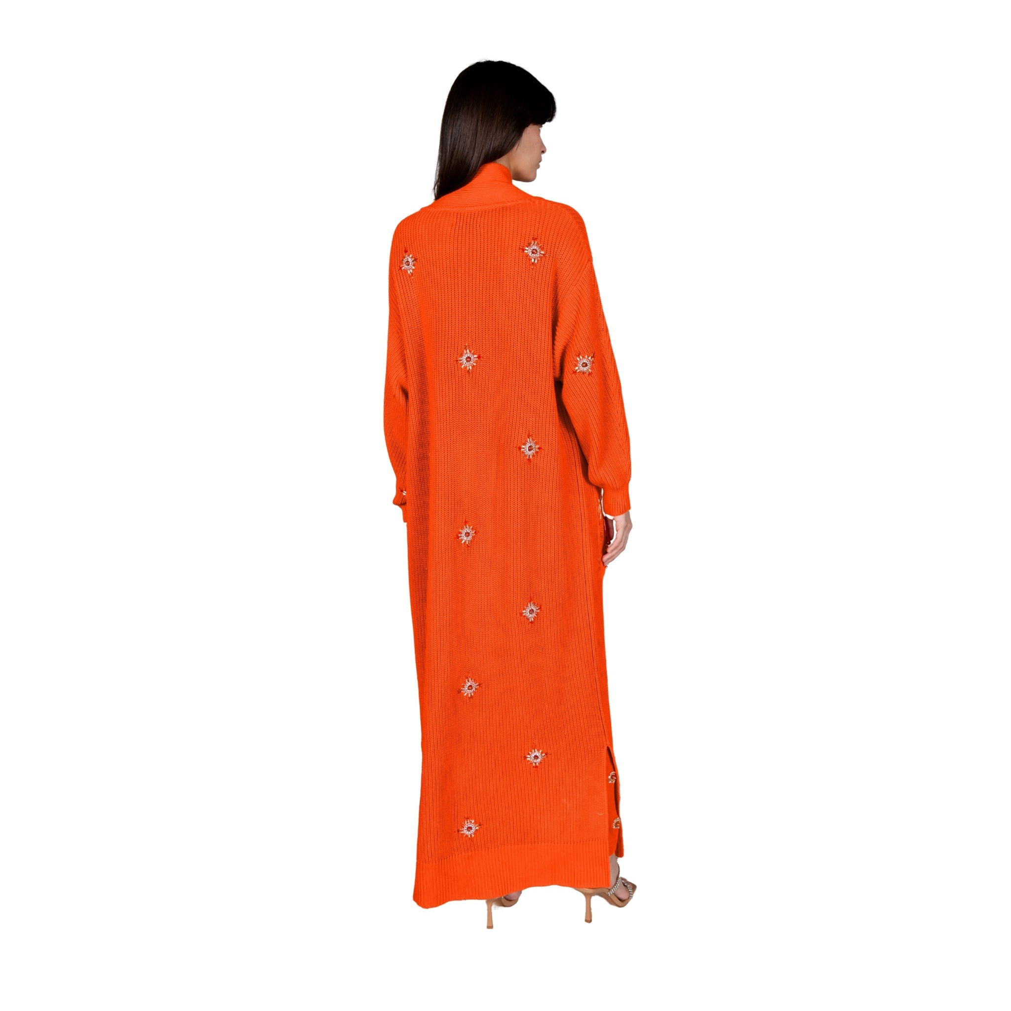 Orange Embellished Long Cardigan