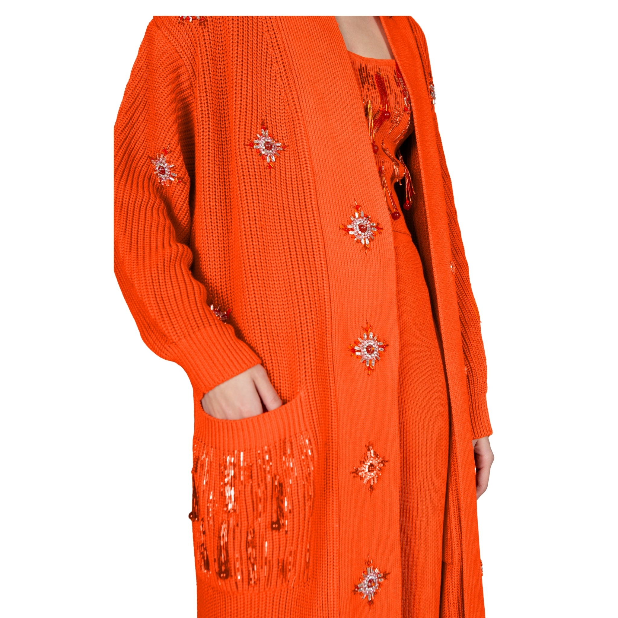 Orange Embellished Long Cardigan