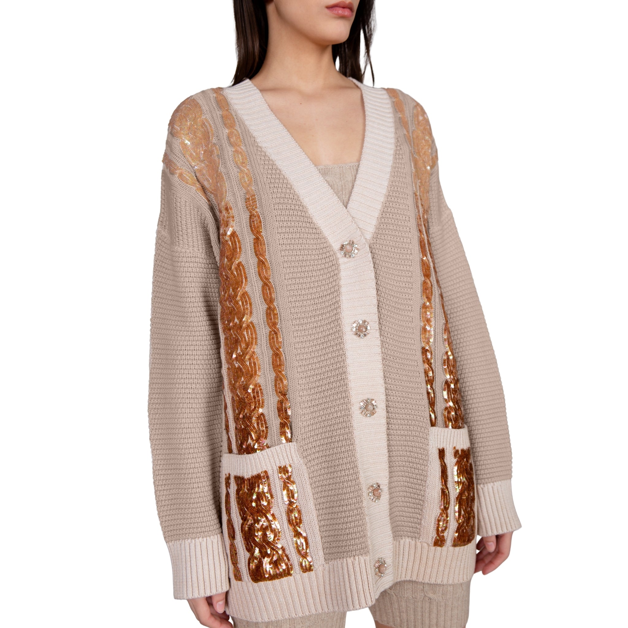 Sequin Embellished Cable Cardigan