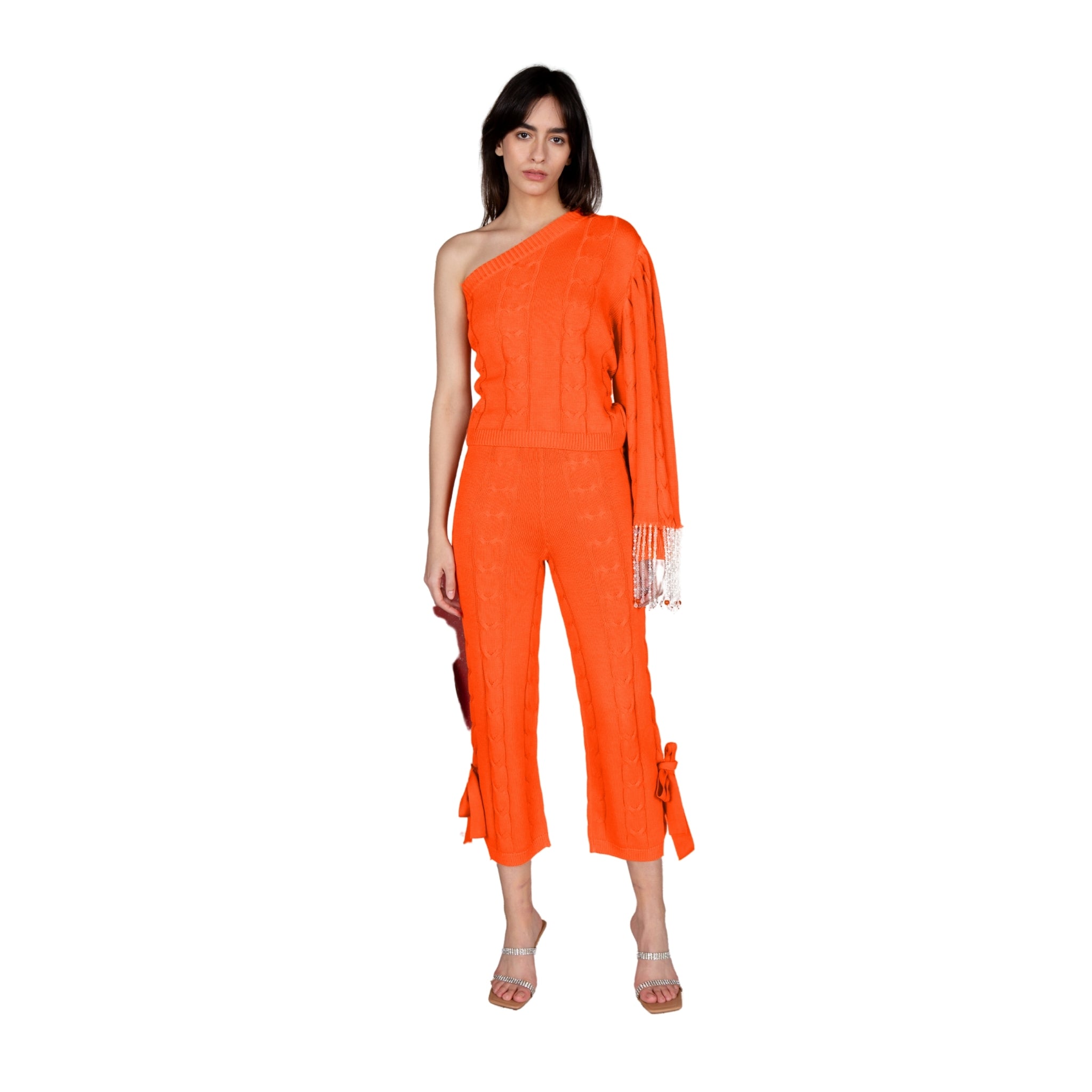 Orange Single Sleeve Sweater With Tassel Cuff