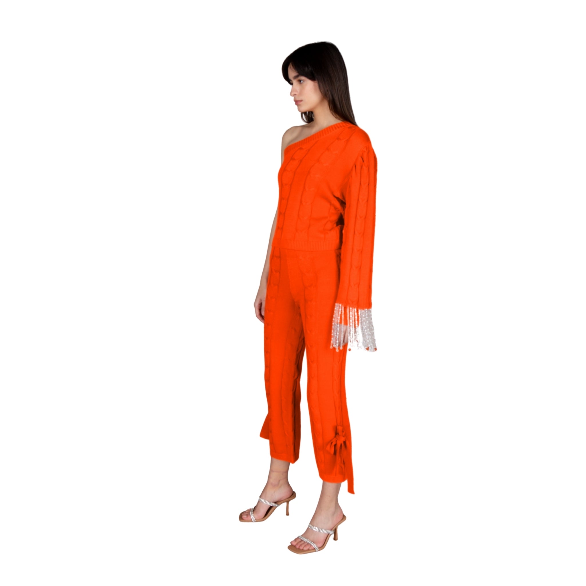 Orange Single Sleeve Sweater With Tassel Cuff