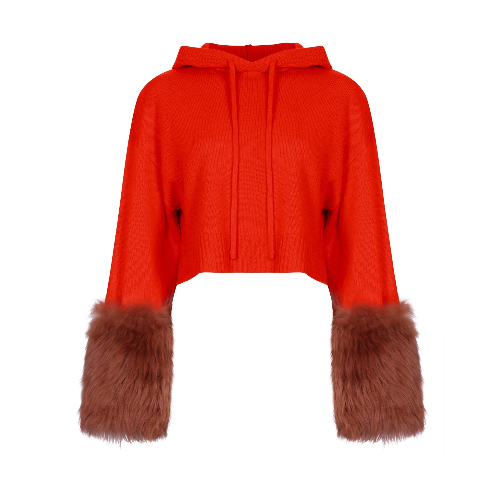 Orange Cropped Hoodie Pullover With Shearling Cuffs