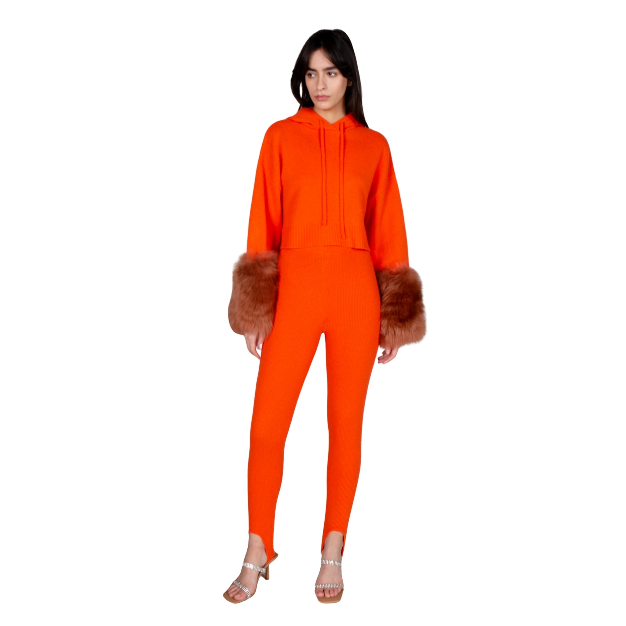 Orange Cropped Hoodie Pullover With Shearling Cuffs