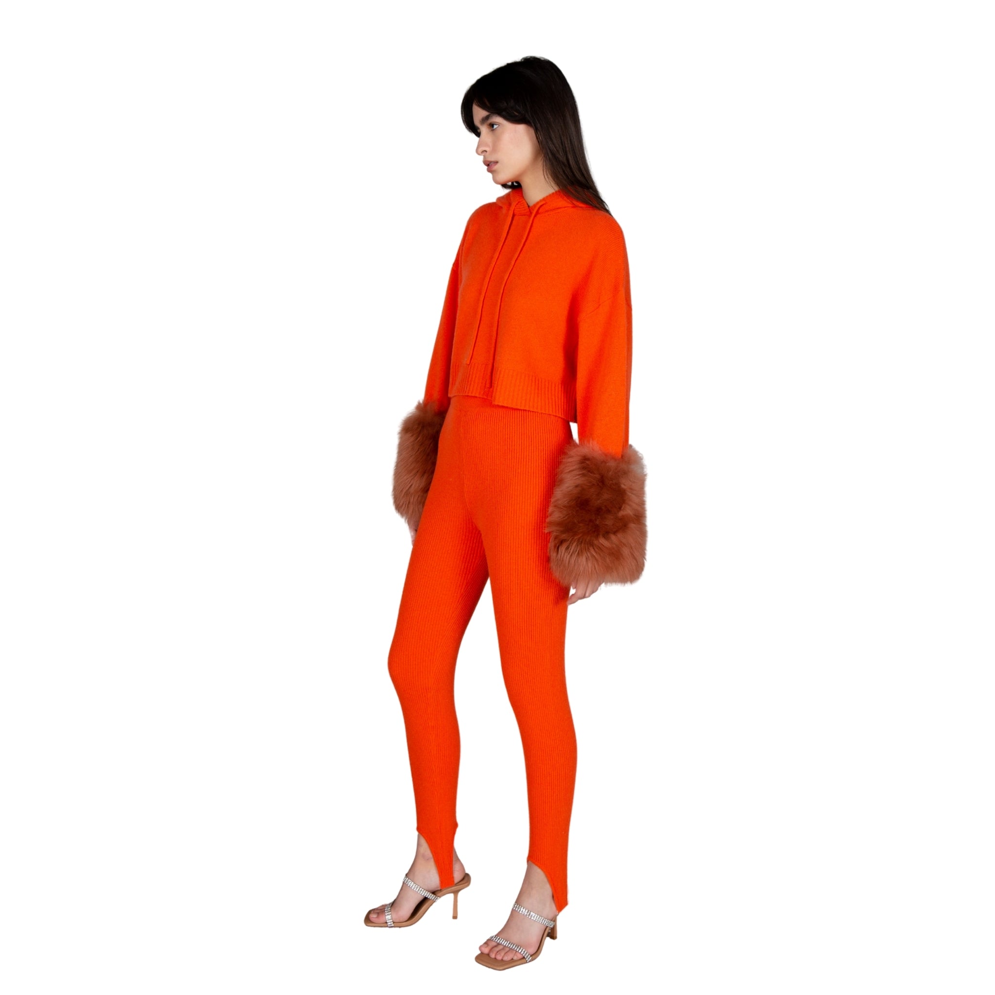 Orange Cropped Hoodie Pullover With Shearling Cuffs