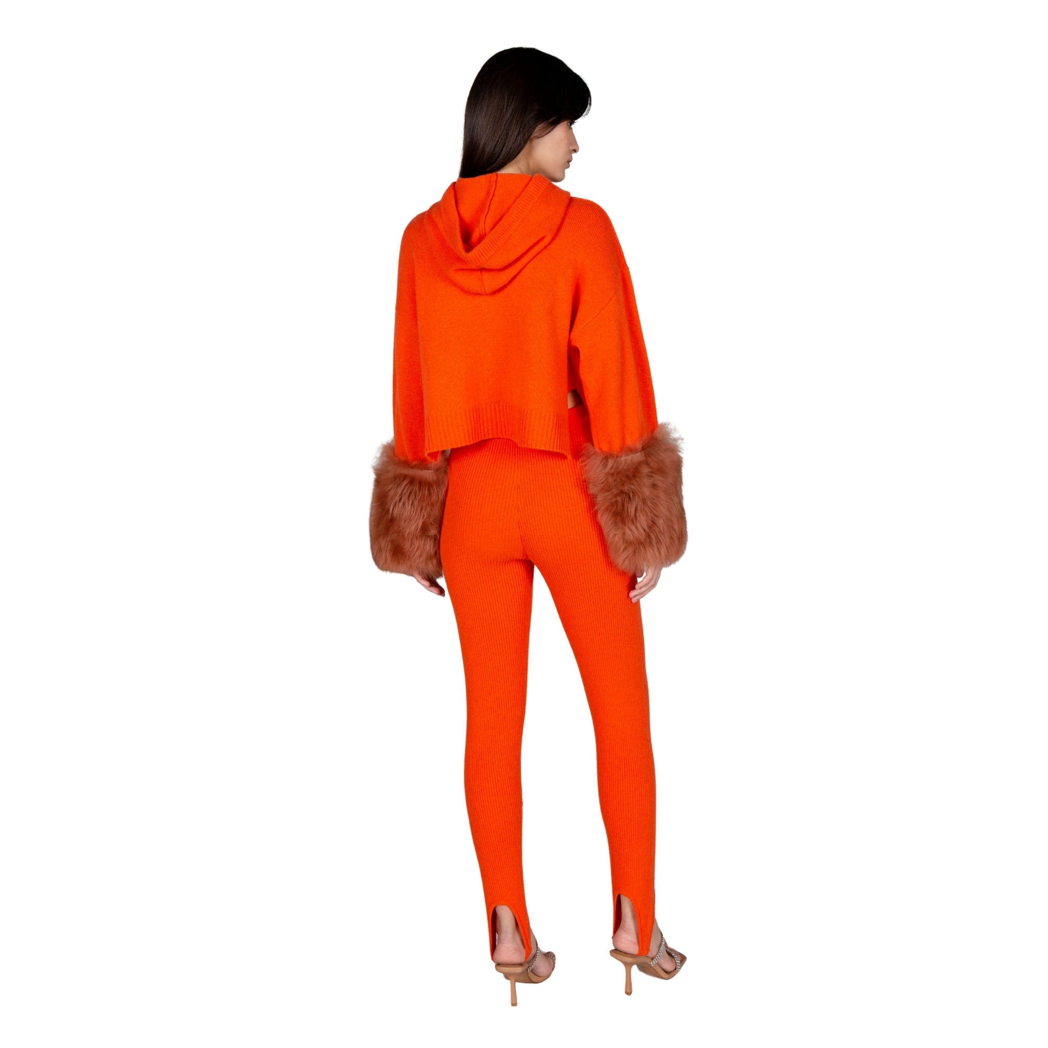 Orange Cropped Hoodie Pullover With Shearling Cuffs