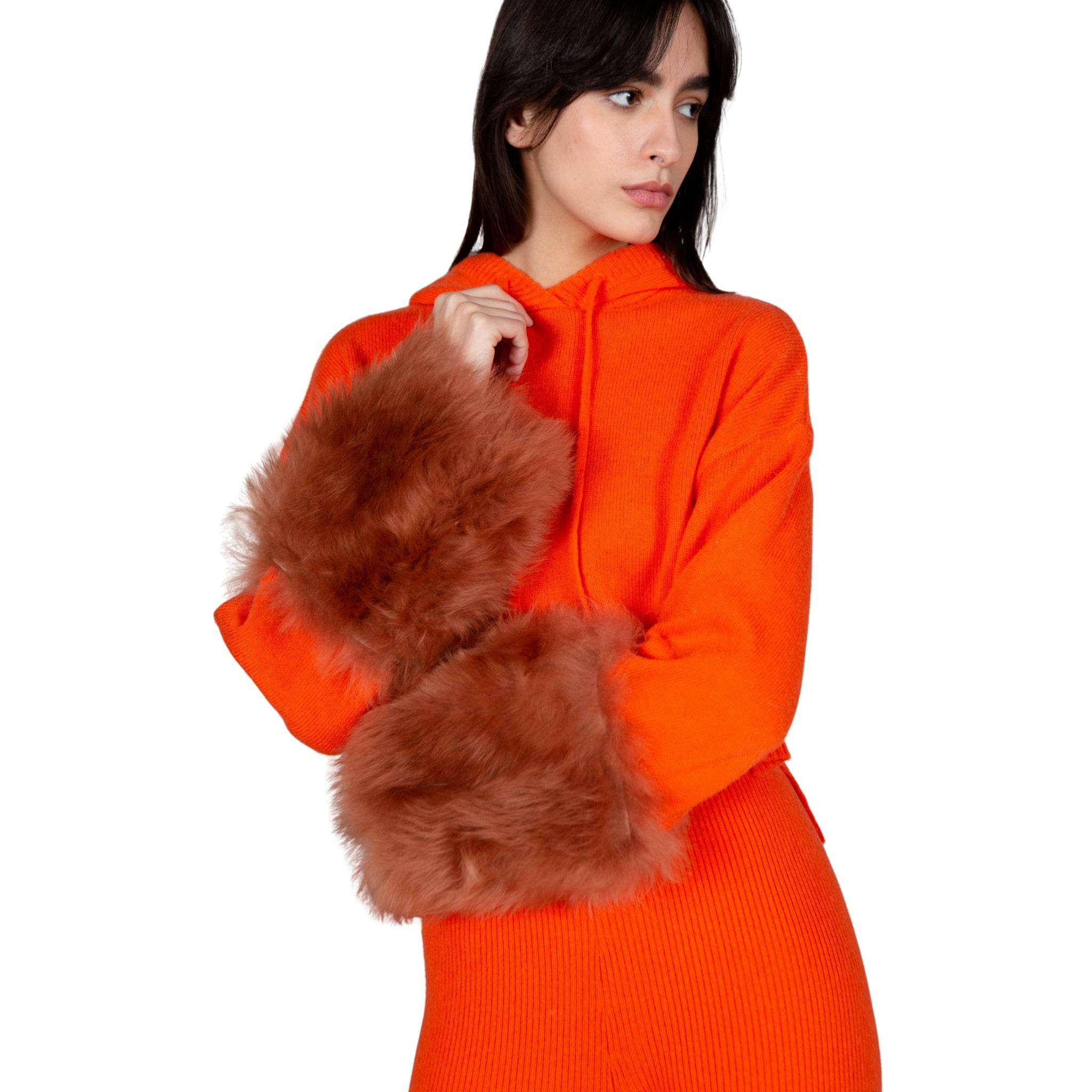Orange Cropped Hoodie Pullover With Shearling Cuffs