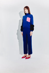 Polo Neck Sweater in Cobalt with Watermelon Pocket & Faux Fur Cuffs