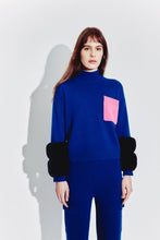 Load image into Gallery viewer, Polo Neck Sweater in Cobalt with Watermelon Pocket &amp; Faux Fur Cuffs
