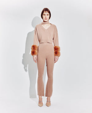 Cropped Faux Cuff Sweater with Necktie in Pecan