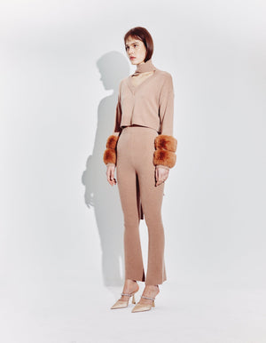 Cropped Faux Cuff Sweater with Necktie in Pecan