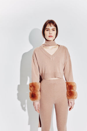 Cropped Faux Cuff Sweater with Necktie in Pecan