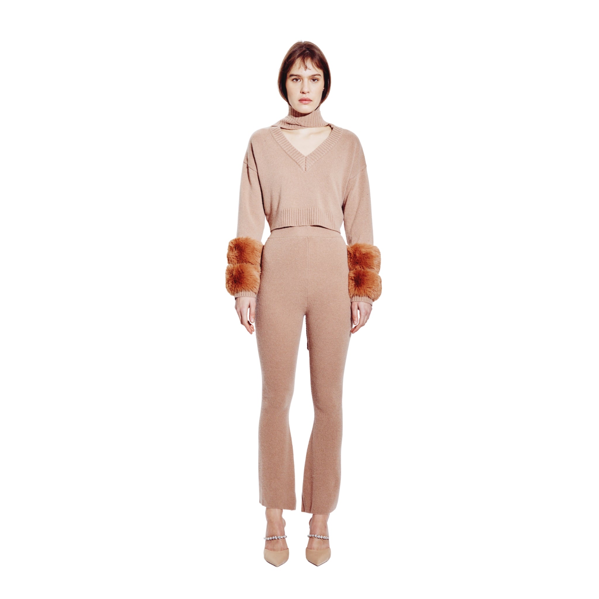 Cropped Faux Cuff Sweater with Necktie in Pecan