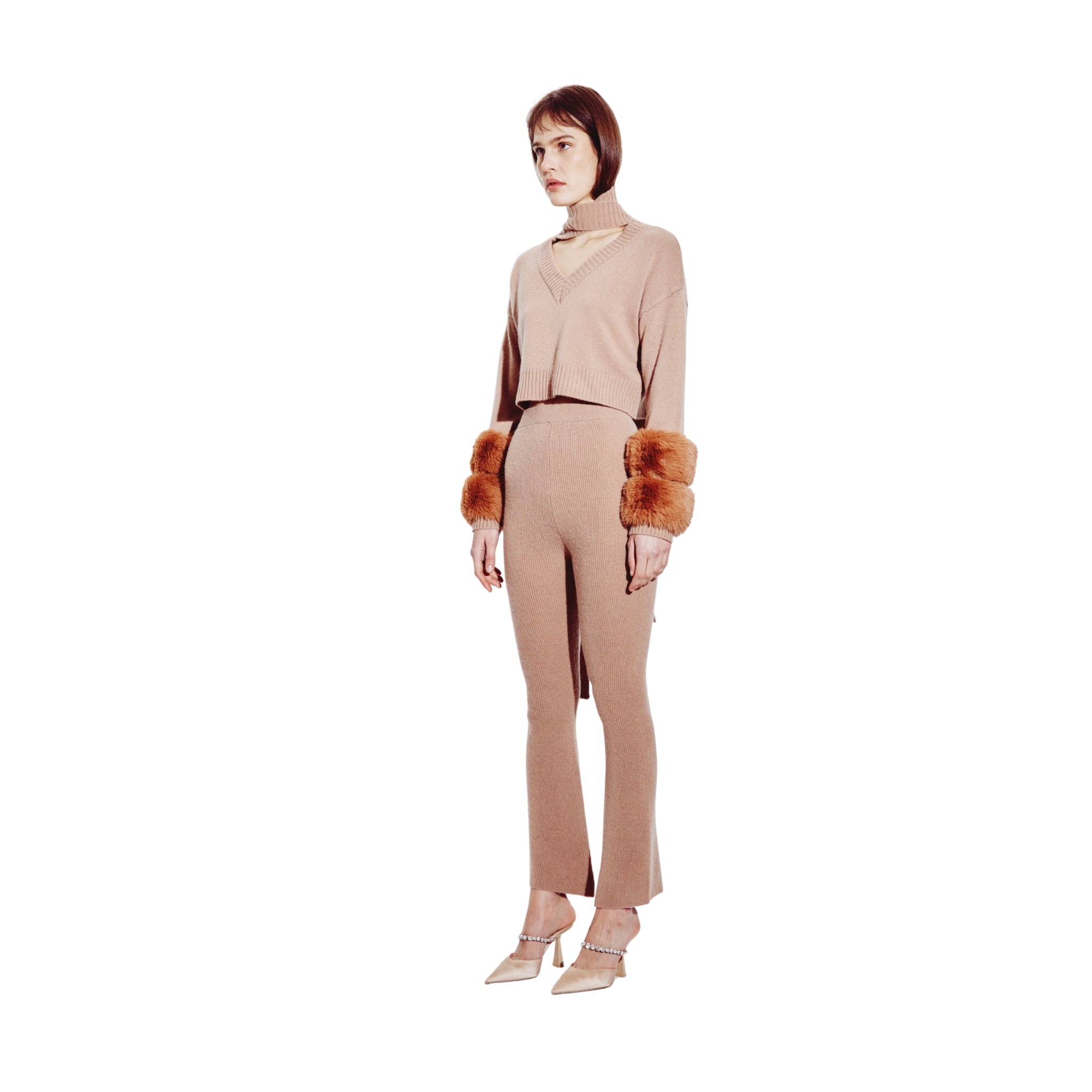 Cropped Faux Cuff Sweater with Necktie in Pecan